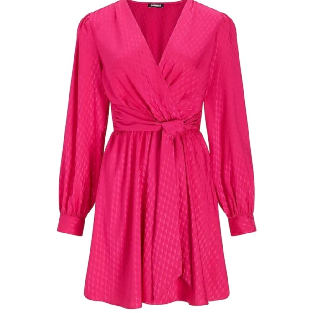 The Limited - Jacquard Satin Tie Waist Long Sleeve Mini Dress - Neon Berry -